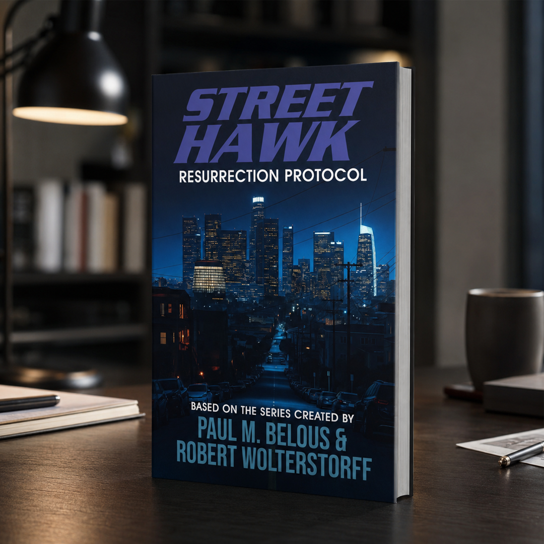 Street Hawk: Resurrection Protocol paperback standing on a desk
